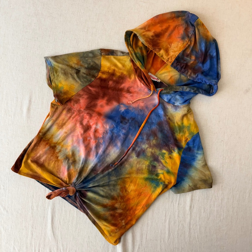 Madrag Tie Dye Short Sleeve Hoodie Multi Color Front Tie Crop Top Small - Picture 7 of 10